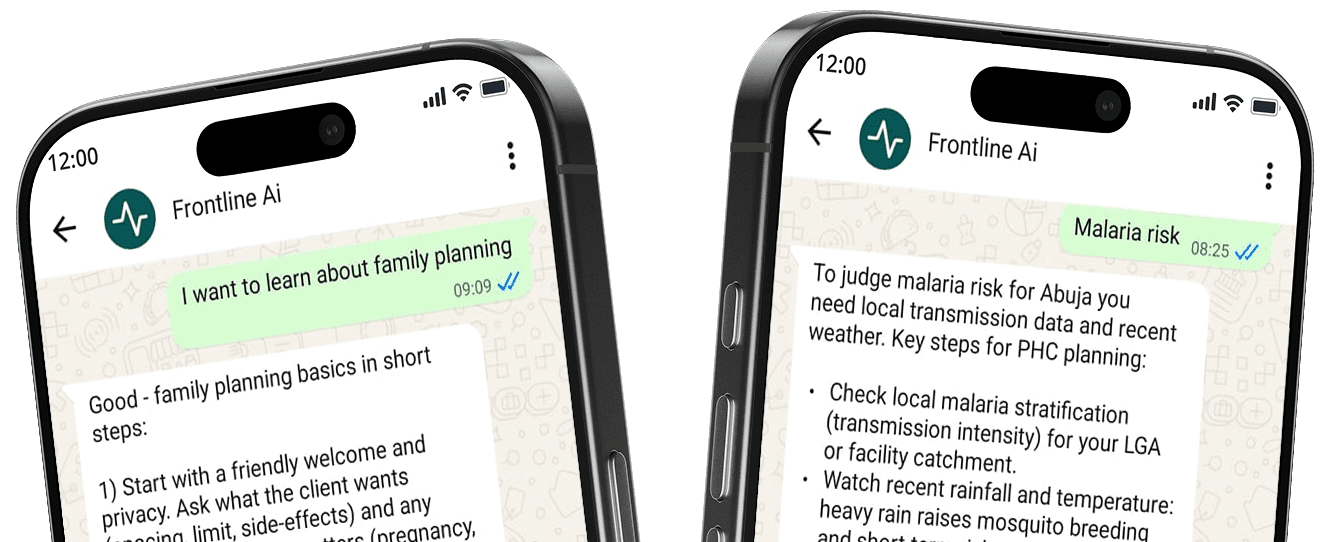 Two phone mockups angled behind the Frontline AI hero